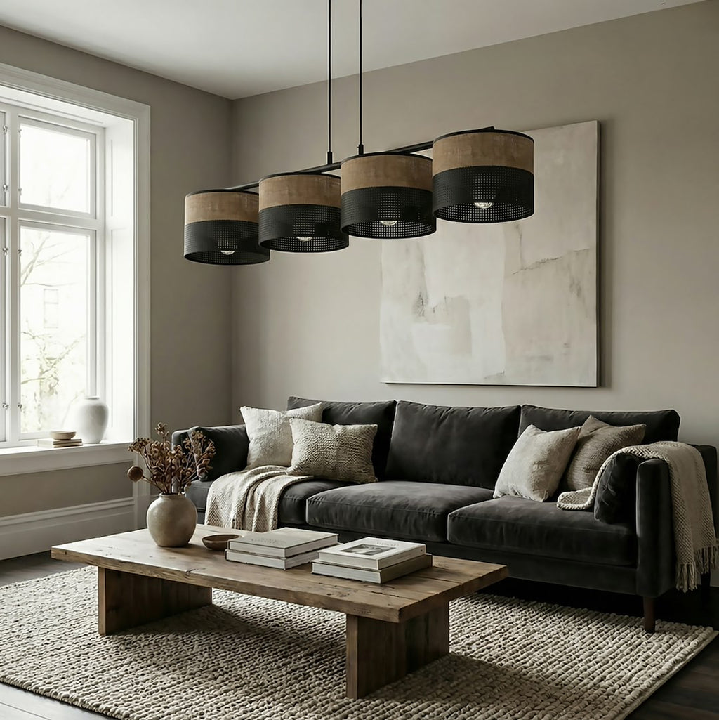 Hanglamp 4 lichts gepoedercoat staal minimalistisch Karbon, zwart met bruine stoffen kappen, 96 cm breed