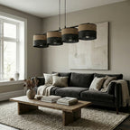Hanglamp 4 lichts gepoedercoat staal minimalistisch Karbon, zwart met bruine stoffen kappen, 96 cm breed