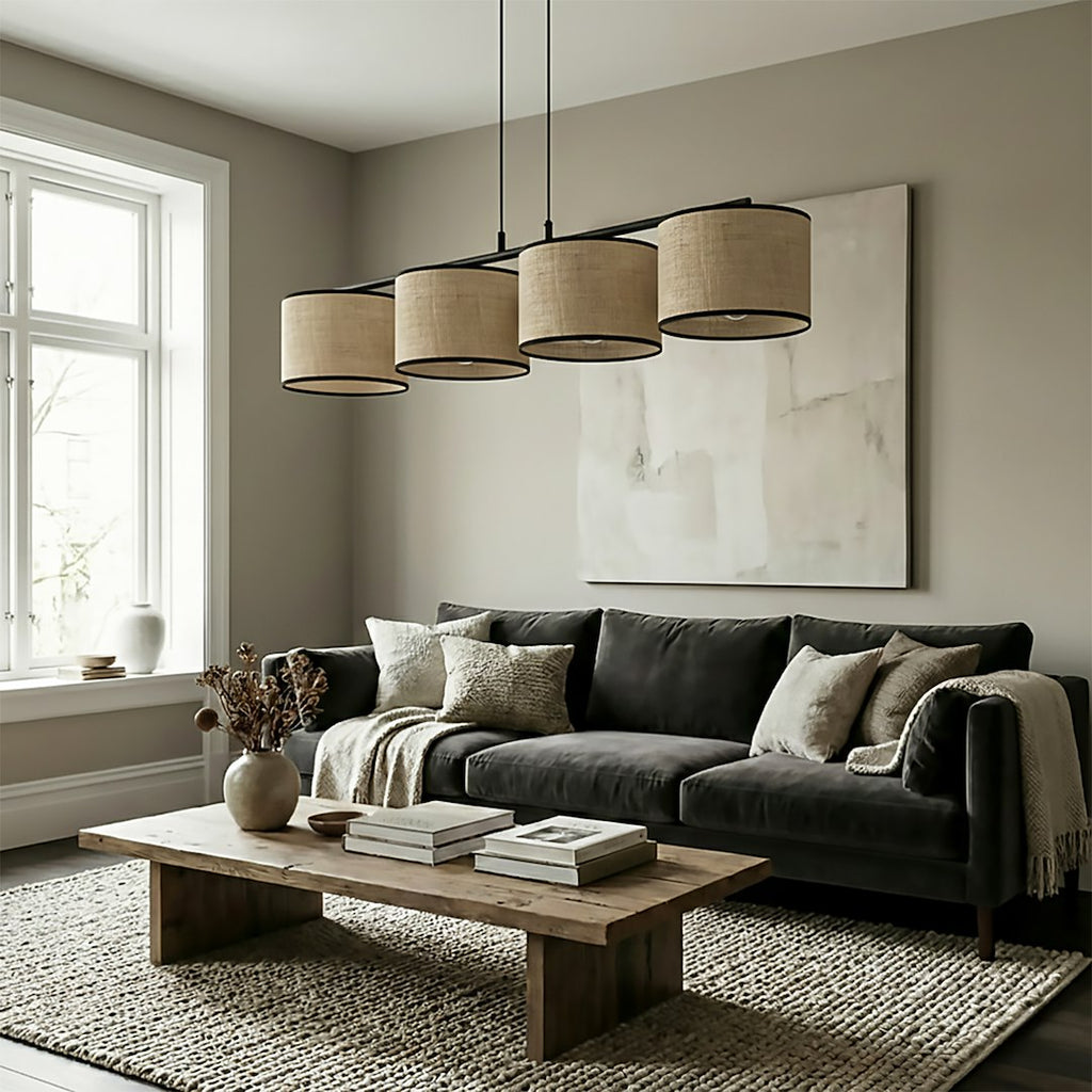 Hanglamp 4 lichts gepoedercoat staal en rotan, minimalistisch Eco, zwart, 96 cm breed, voor kookeiland en eettafel
