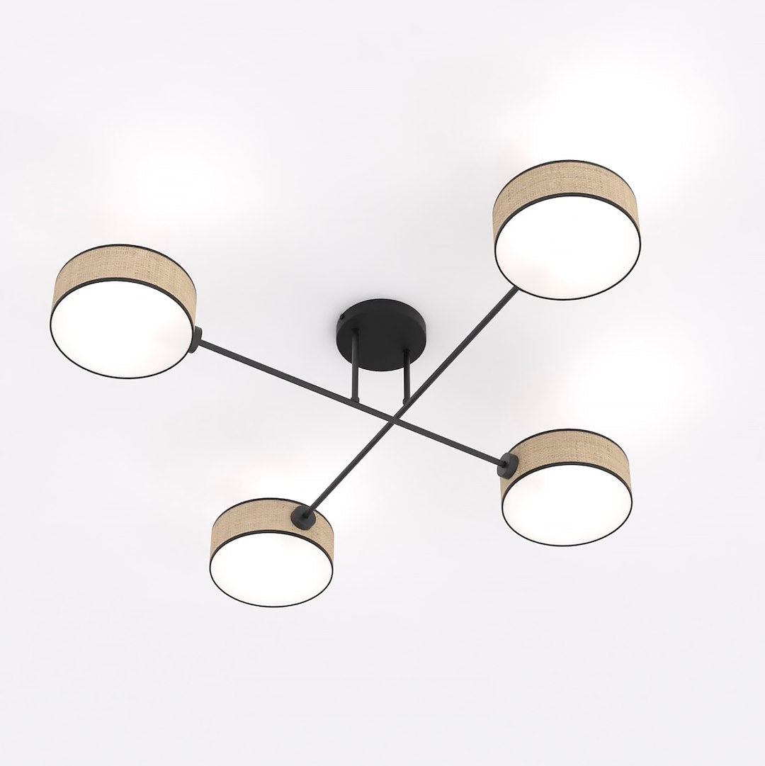 Plafondlamp gepoedercoat staal Japandi rotan kappen bruin met zwart, 4 fittingen E14, 96 x 96 cm