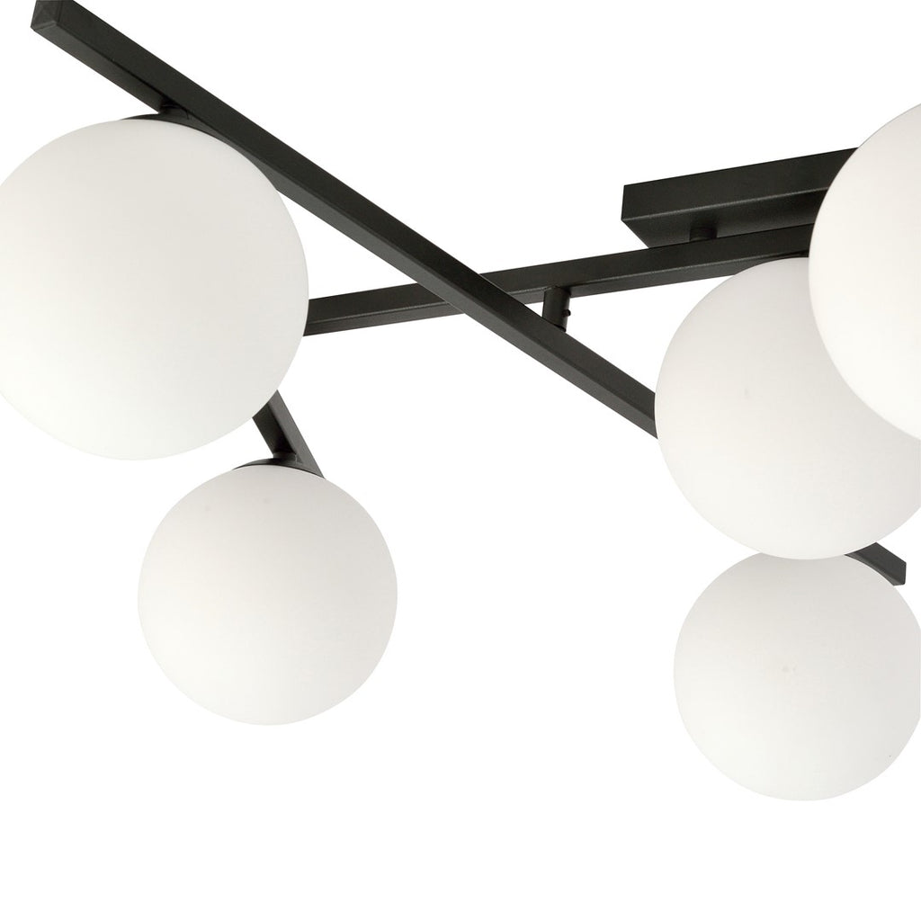 Plafondlamp gepoedercoat staal en glas Smart 4 lichts, zwart met witte kappen, 63 x 25 cm