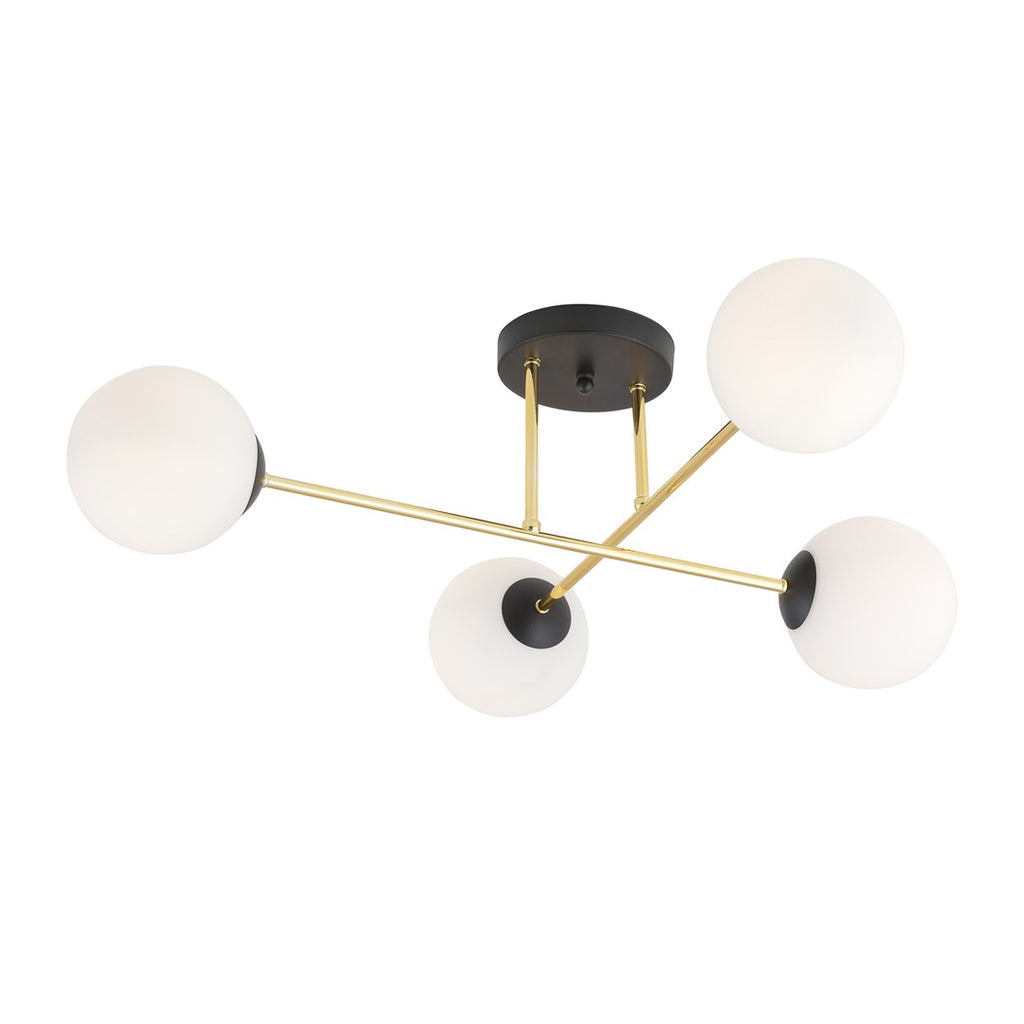 Plafondlamp Magnum gepoedercoat staal en glas, glamour, zwart en goud met witte kappen, 4 lichts, E14