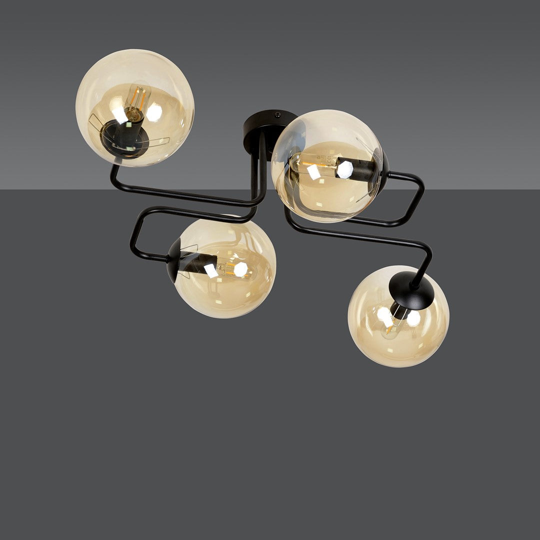 Plafondlamp staal en glas Brendi modern zwart met amber glazen kappen, 4 fittingen E14, 55 cm breed
