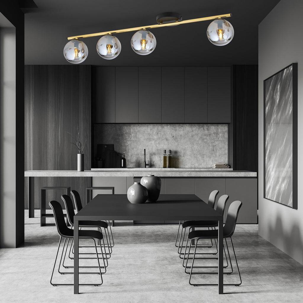 Plafondlamp gepoedercoat staal en glas Monza, zwart en goud met grafiet kappen, 4 lichts, 100 cm breed