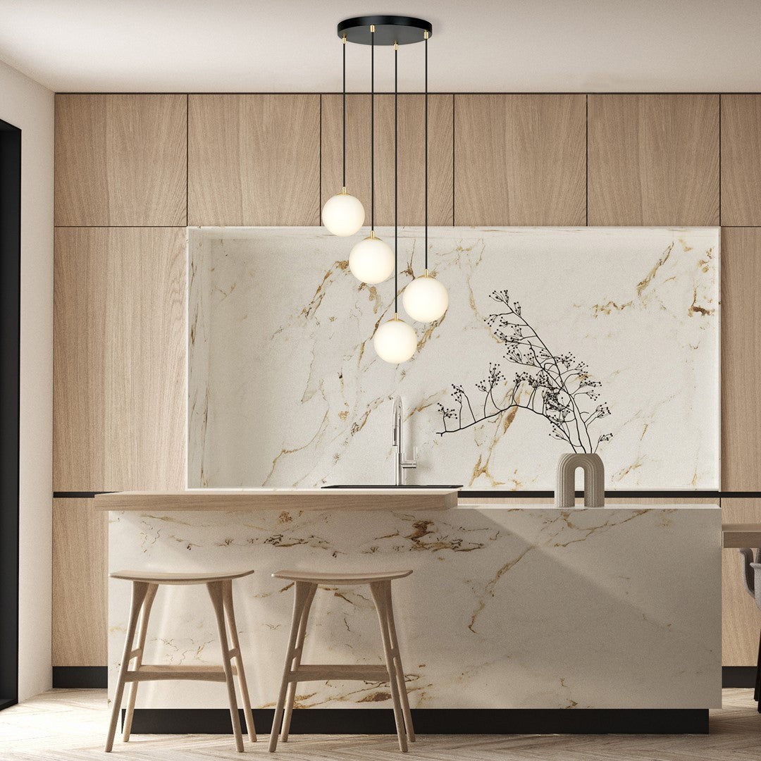 Hanglamp gepoedercoat staal en glas, retro model Royal, zwart en goud, kap Ø 14 cm, 4 lichts, voor keuken, eetkamer of woonkamer