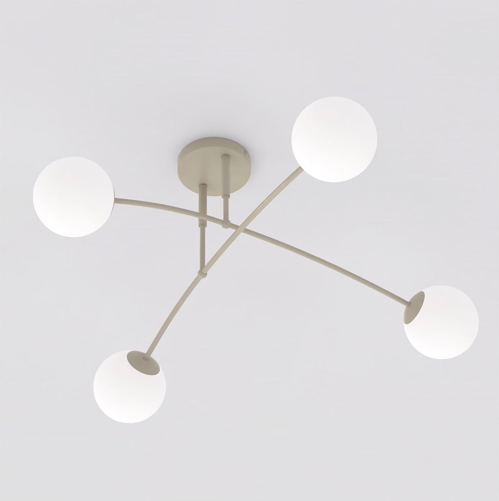 Plafondlamp staal en glas beige modern, 4 witte glazen bollen Ø 14 cm, 60 x 60 cm voor woonkamer