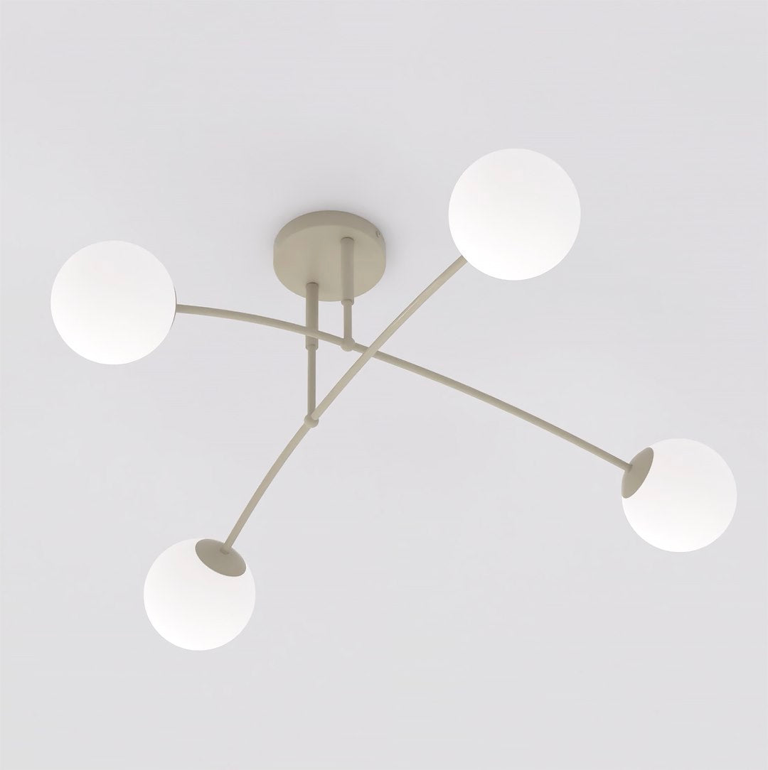 Plafondlamp staal en glas beige modern, 4 witte glazen bollen Ø 14 cm, 60 x 60 cm voor woonkamer