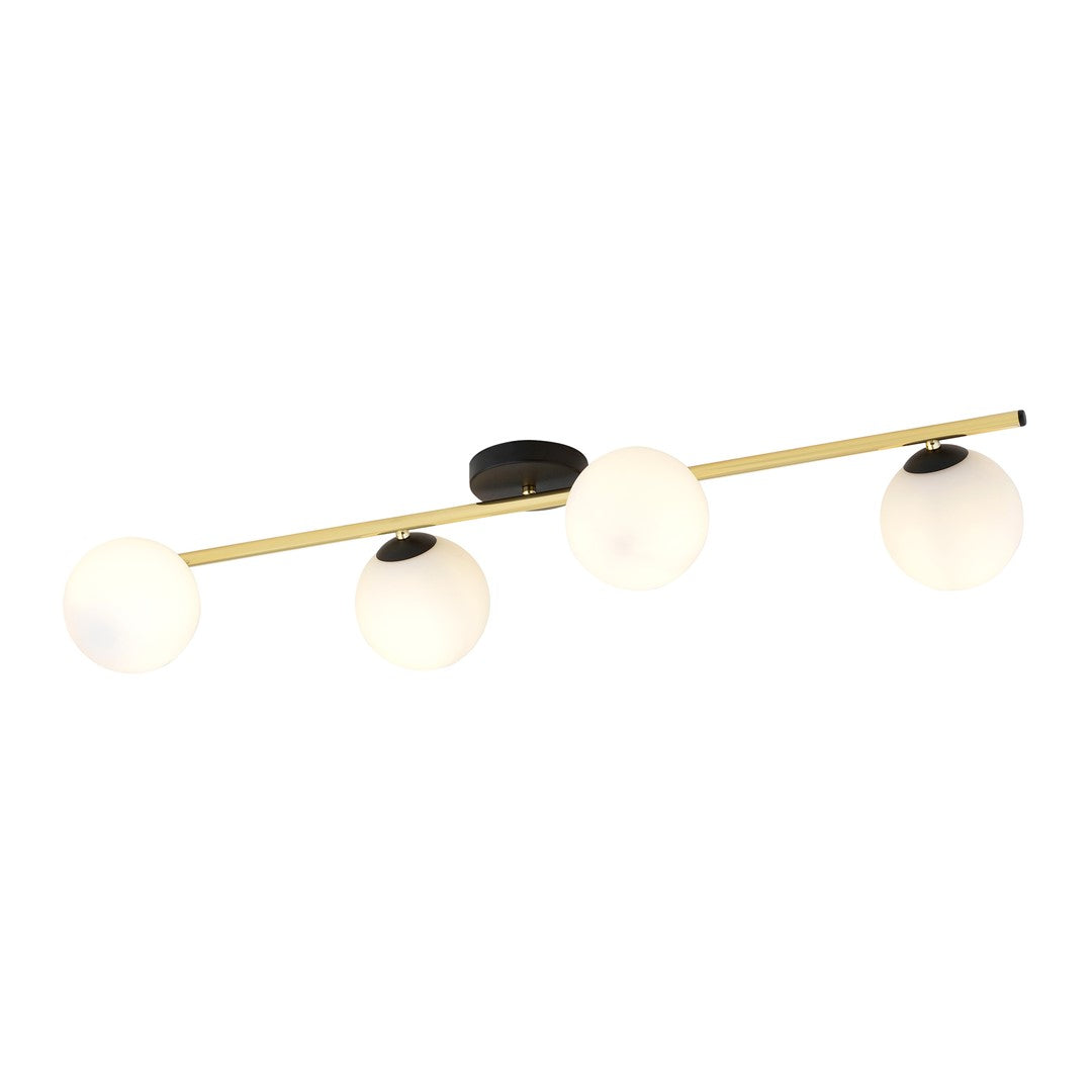 Plafondlamp gepoedercoat staal en glas Splendi, zwart en goud met witte kappen, 4 lichts, 100 cm, E14