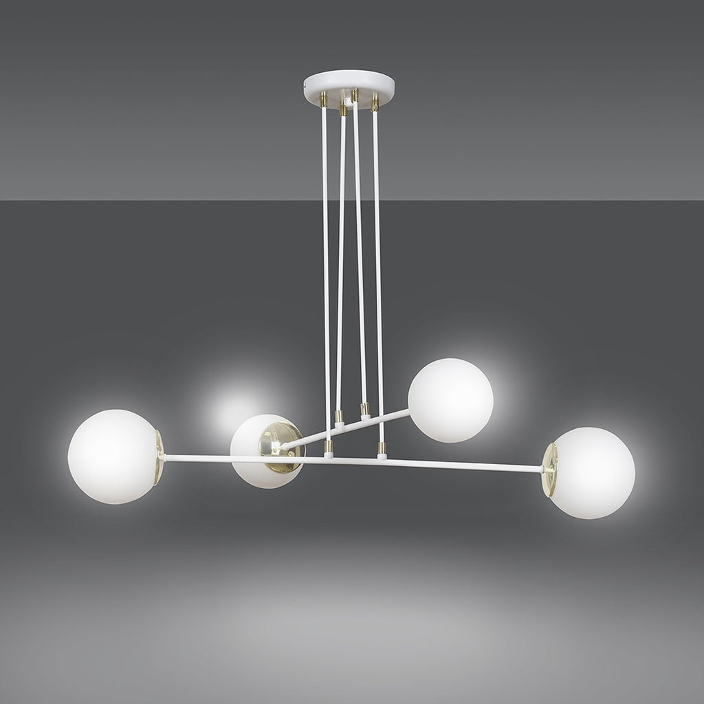 Hanglamp gepoedercoat staal en glas Ognis, wit met goudkleurige details, 4 lichts, 75 x 100 cm, woonkamer en eetkamer