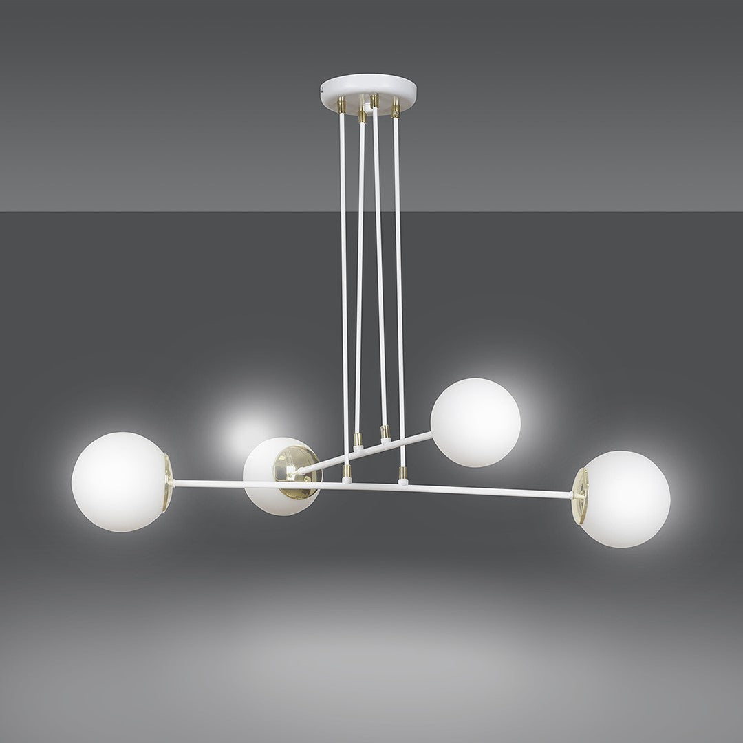 Hanglamp gepoedercoat staal en glas Ognis, wit met goudkleurige details, 4 lichts, 75 x 100 cm, woonkamer en eetkamer