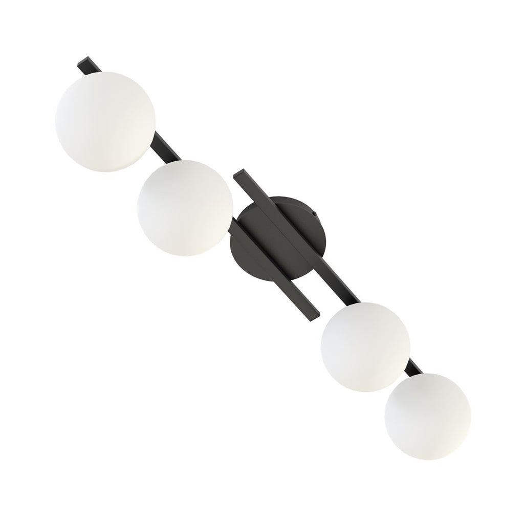 Plafondlamp gepoedercoat staal modern, zwart met 4 witte bolkappen Ø 14 cm, 87 x 29 x 19 cm, E14, woonkamer en slaapkamer