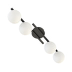 Plafondlamp gepoedercoat staal modern, zwart met 4 witte bolkappen Ø 14 cm, 87 x 29 x 19 cm, E14, woonkamer en slaapkamer
