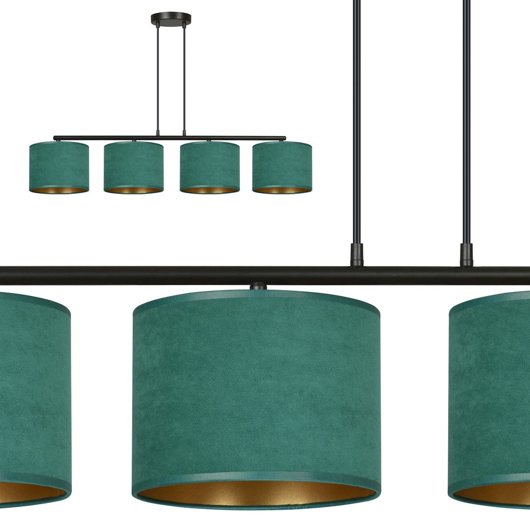 Hanglamp gepoedercoat staal en stof Hilde groen met zwart, 4 lichts, kap Ø 20 cm, eettafel en woonkamer