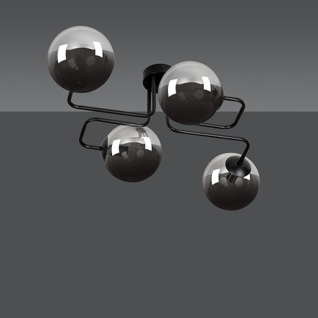Plafondlamp gepoedercoat staal en glas Brendi, zwart met grafiet glazen kappen, 4 lichts, 55 x 32 cm