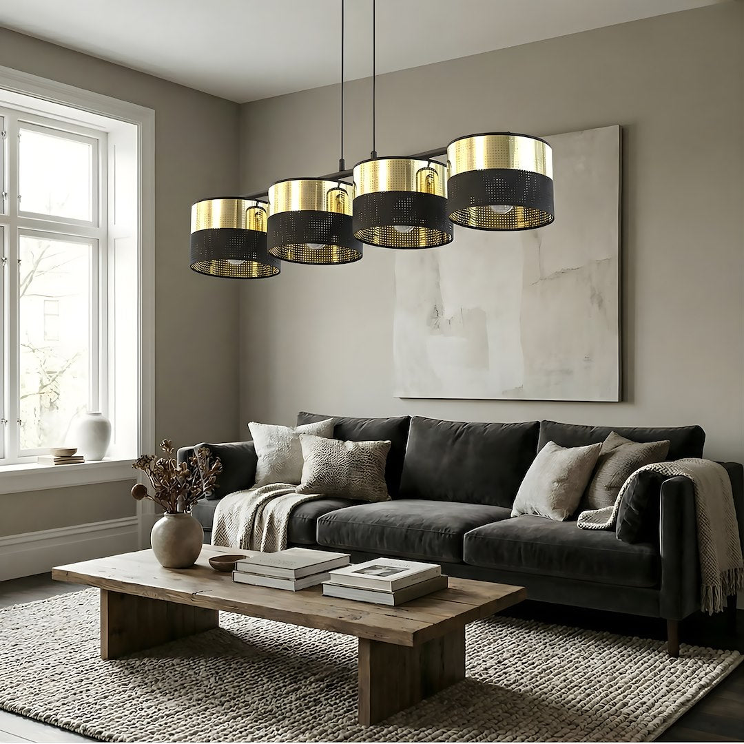 Hanglamp staal modern Lux zwart met goud, 4 lichtpunten, kap Ø 20 cm, breedte 96 cm, boven eettafel of keukeneiland