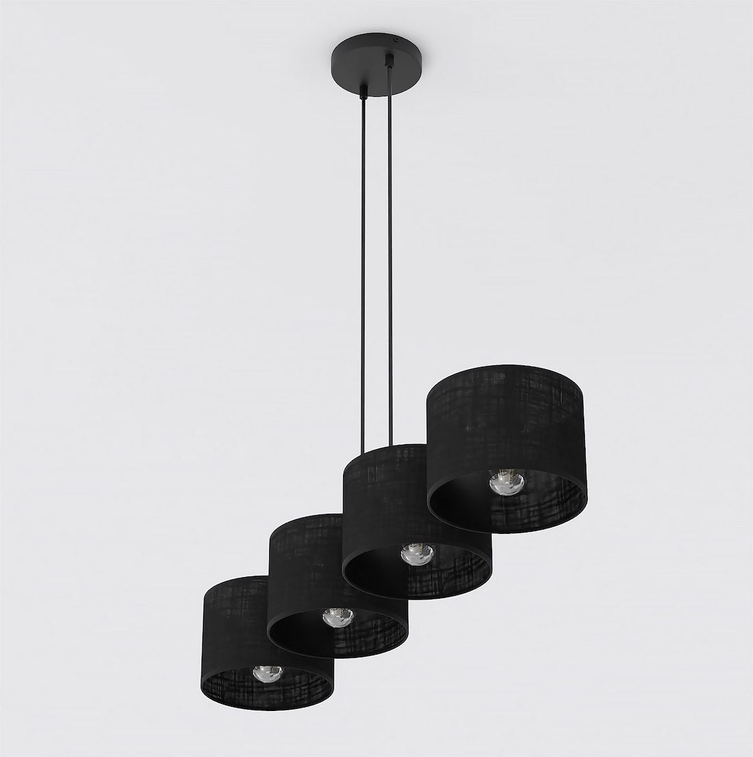Hanglamp gepoedercoat staal met stoffen kap, Eco, minimalistisch, zwart, 4 lichts, 96 cm breed, voor eettafel of keukeneiland