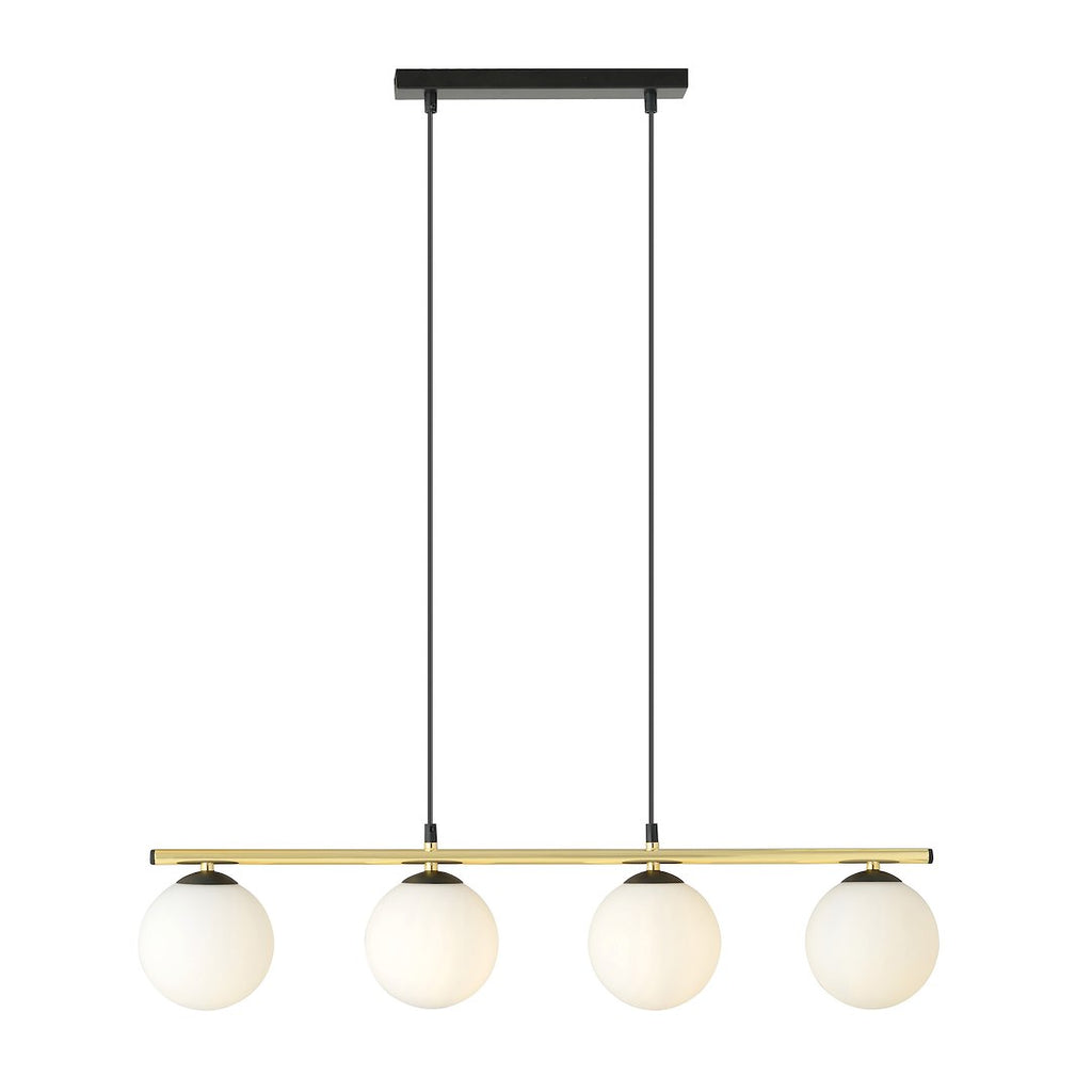 Hanglamp gepoedercoat staal en glas Alora 4 lichts, zwart goud met witte kappen – 85 x 100 cm