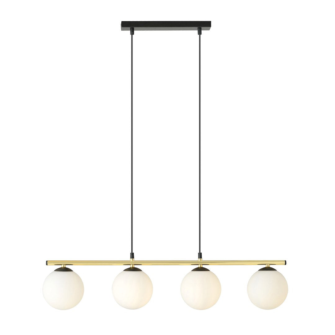 Hanglamp gepoedercoat staal en glas Alora 4 lichts, zwart goud met witte kappen – 85 x 100 cm