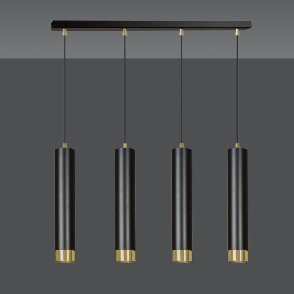 Hanglamp gepoedercoat staal Kibo, modern, zwart met goud, 4 lichts, 60 cm breed, voor woonkamer, keuken en thuiskantoor