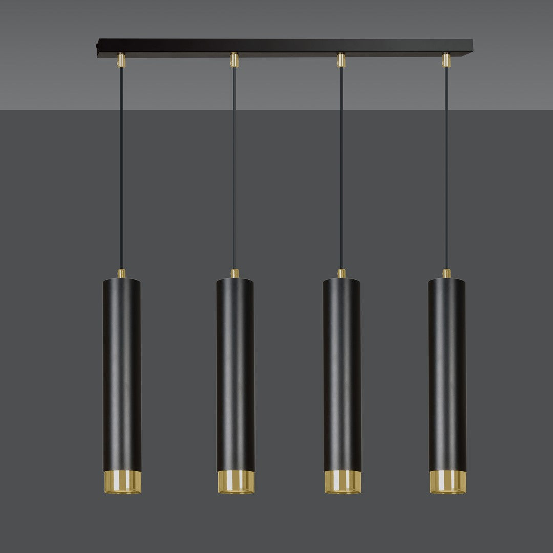 Hanglamp gepoedercoat staal Kibo, modern, zwart met goud, 4 lichts, 60 cm breed, voor woonkamer, keuken en thuiskantoor