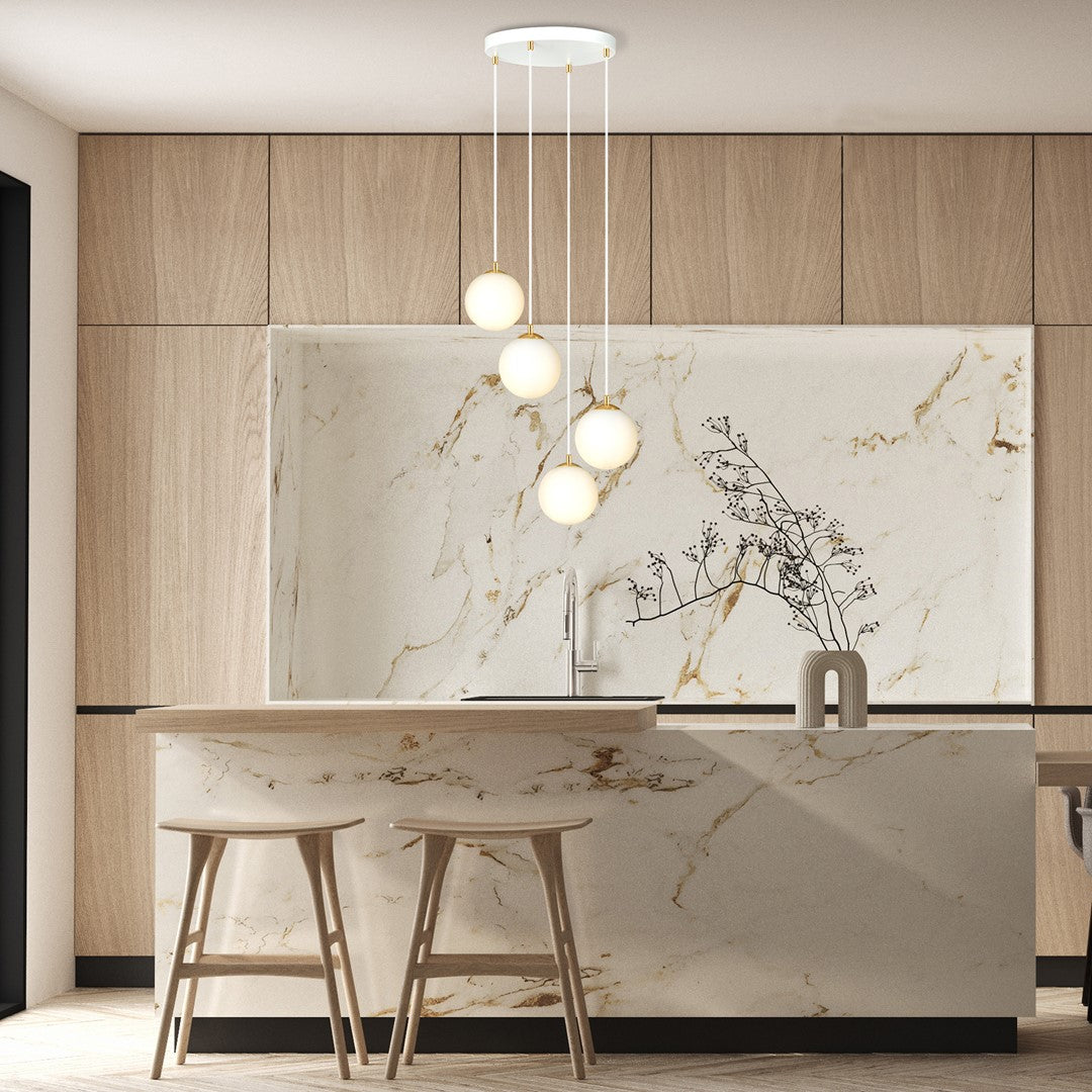 Hanglamp gepoedercoat staal en glas, retro, wit met goud, 4 lichts, 40 x 100 cm, voor keuken en eetkamer