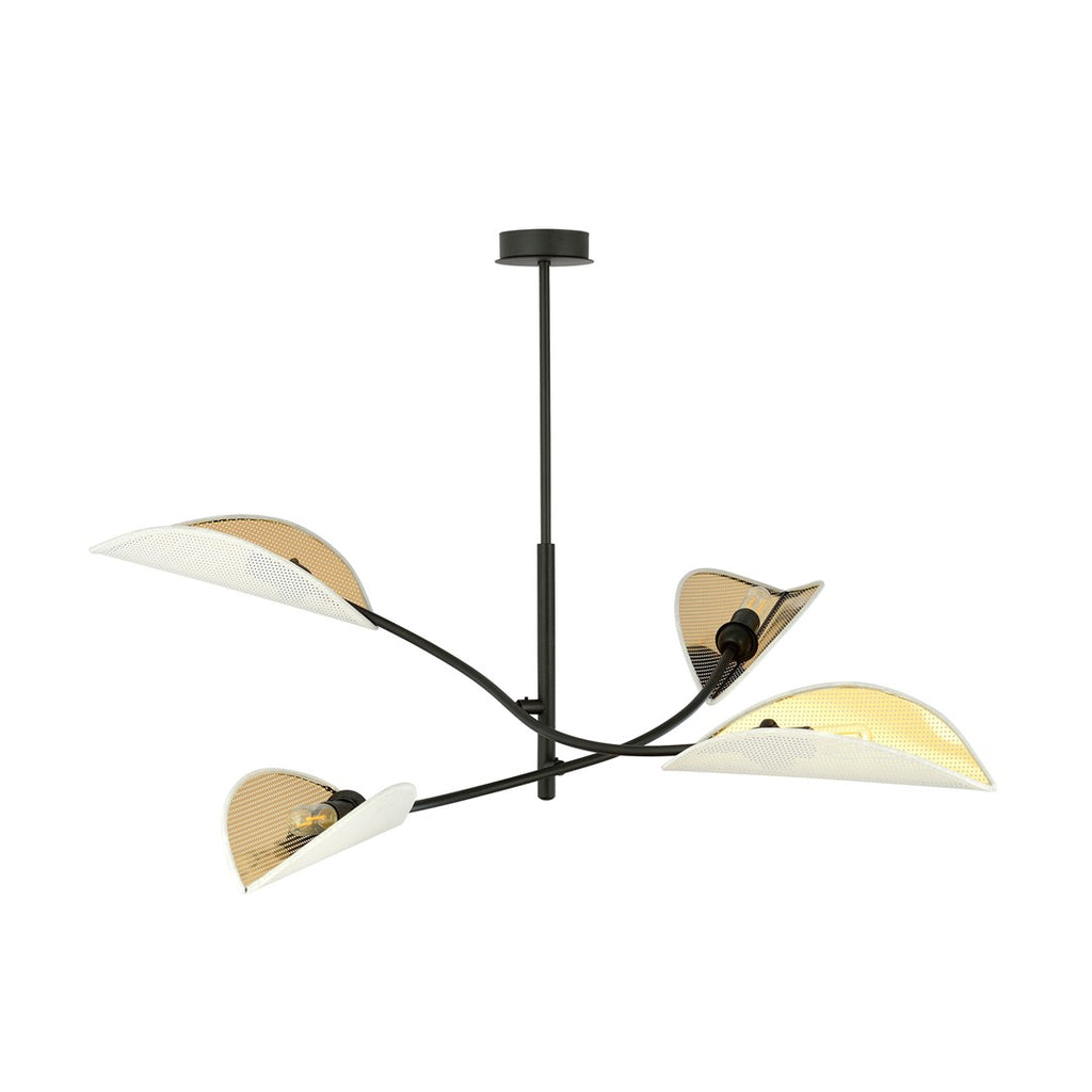 Plafondlamp Lotus gepoedercoat staal met stoffen kappen, zwart, wit en goud, 4 lichts, 102 x 51 cm, woonkamer