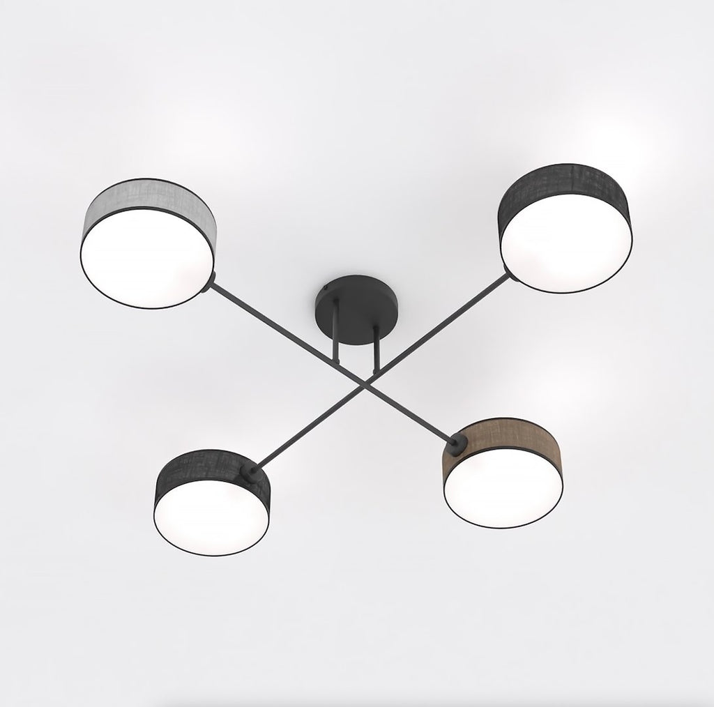 Plafondlamp gepoedercoat staal Japandi Maga 4 zwart, bruin en grijs geweven kappen 96 x 96 cm, woonkamer