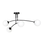 Plafondlamp gepoedercoat staal modern zwart met 4 witte glazen kappen, E14, 60 x 60 x 30 cm, eettafel of keukeneiland