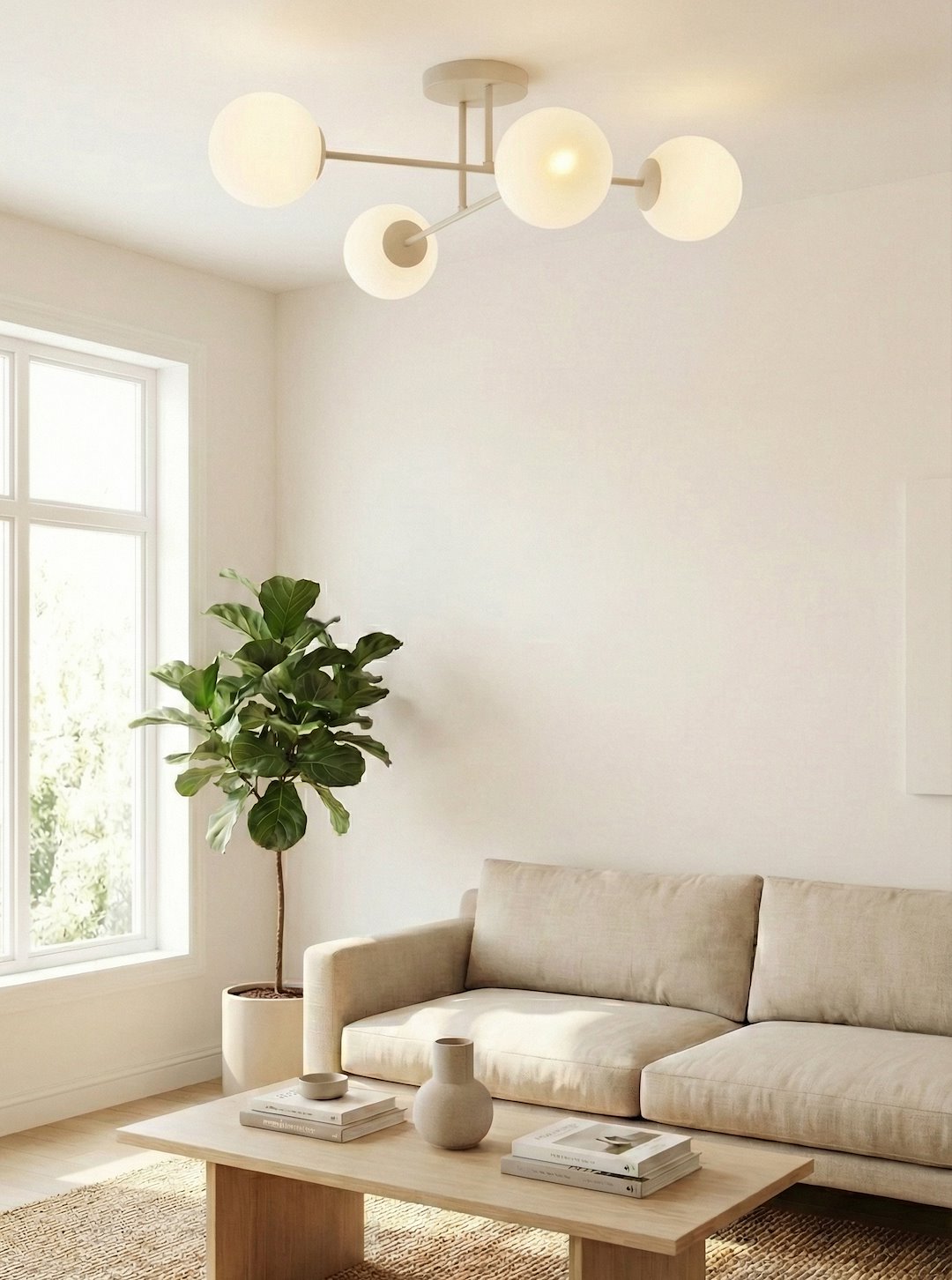 Plafondlamp gepoedercoat staal en glas Roma modern, beige met witte glazen kappen, 4 x E14, 55 cm