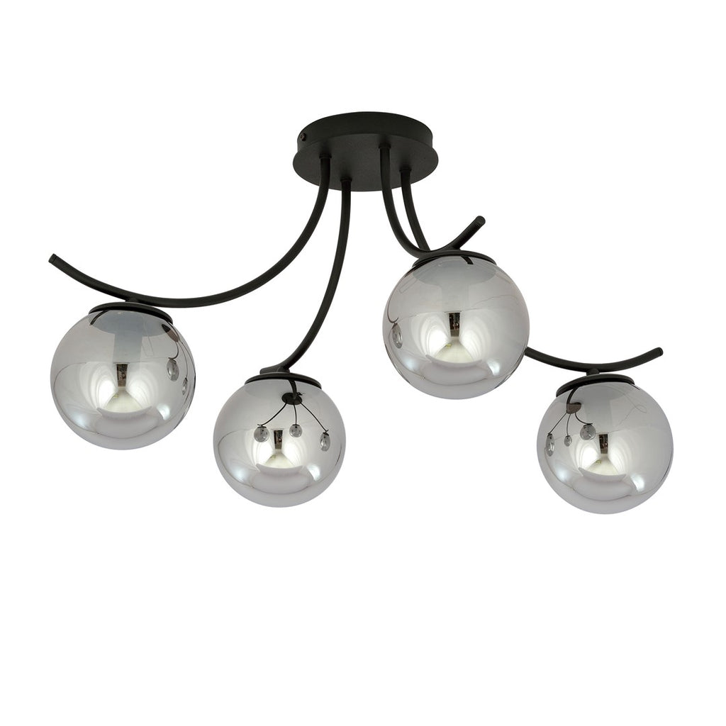 Plafondlamp gepoedercoat staal en glas Boston, zwart met grafiet glazen kappen, 4 lichts, 70 x 37 cm, E14