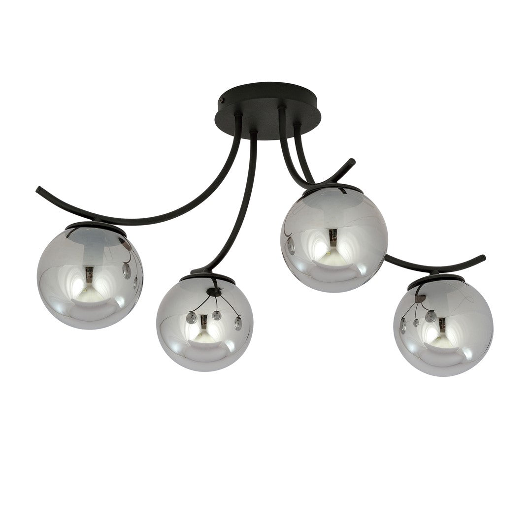 Plafondlamp gepoedercoat staal en glas Boston, zwart met grafiet glazen kappen, 4 lichts, 70 x 37 cm, E14