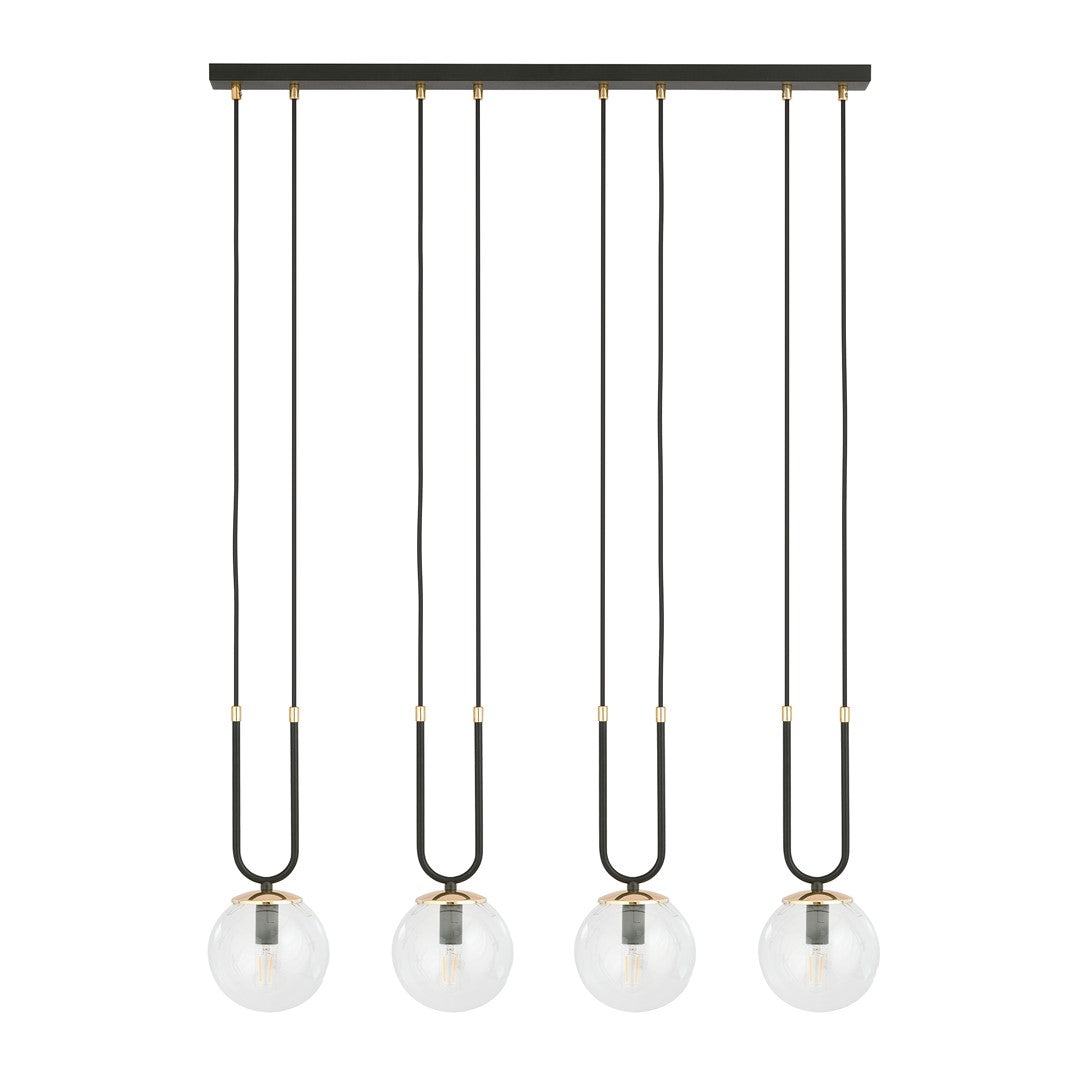 Hanglamp 4 lichtpunten gepoedercoat staal en glas, retro Glam, zwart met transparante kappen, 92 x 115 cm
