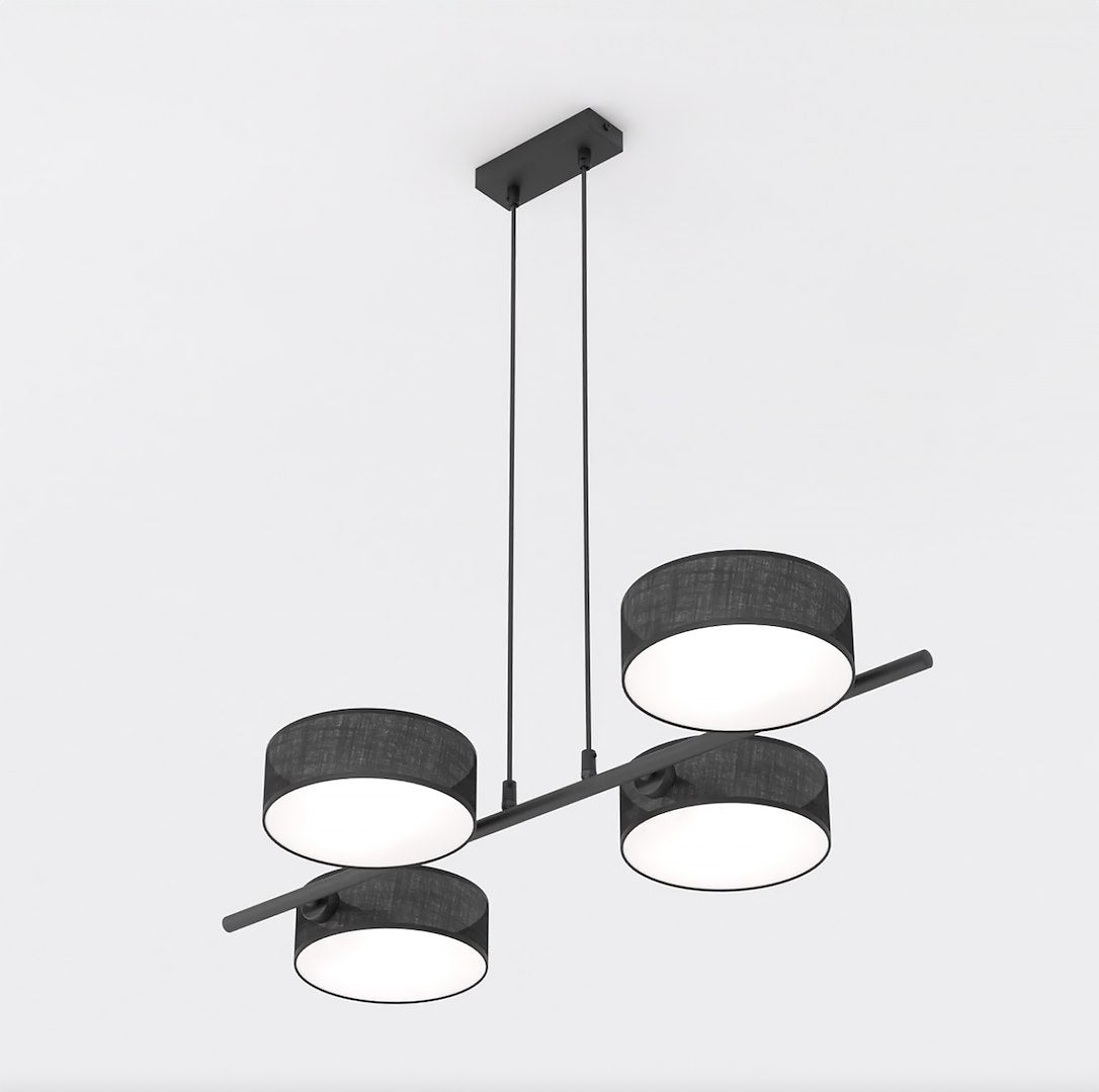 Hanglamp gepoedercoat staal Japandi zwart, 4 lampen met gevlochten kappen Ø 20 cm, boven eettafel of kookeiland