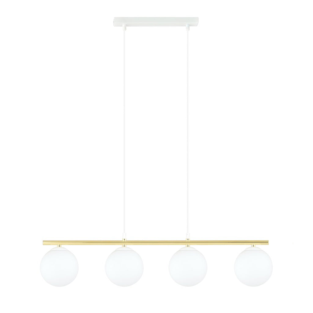 Hanglamp 4 lichts gepoedercoat staal en opaalglas, Allora, wit en goud – 85 x 100 cm, eettafel en woonkamer