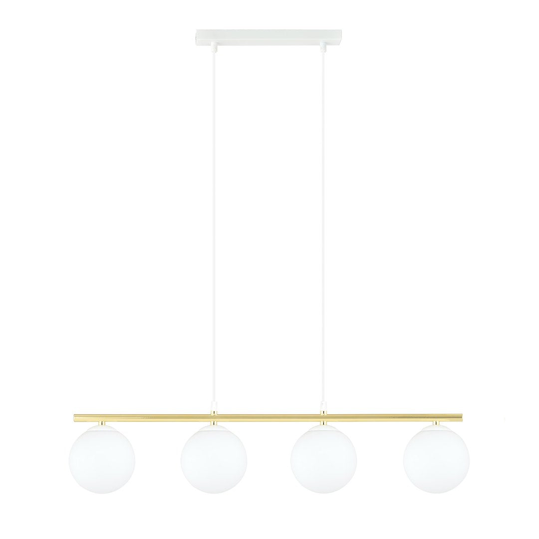 Hanglamp 4 lichts gepoedercoat staal en opaalglas, Allora, wit en goud – 85 x 100 cm, eettafel en woonkamer