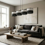 Hanglamp staal met stoffen kap minimalistisch Karbon zwart grijs 96 x 20 cm, 4 lichtpunten voor eettafel of keukeneiland