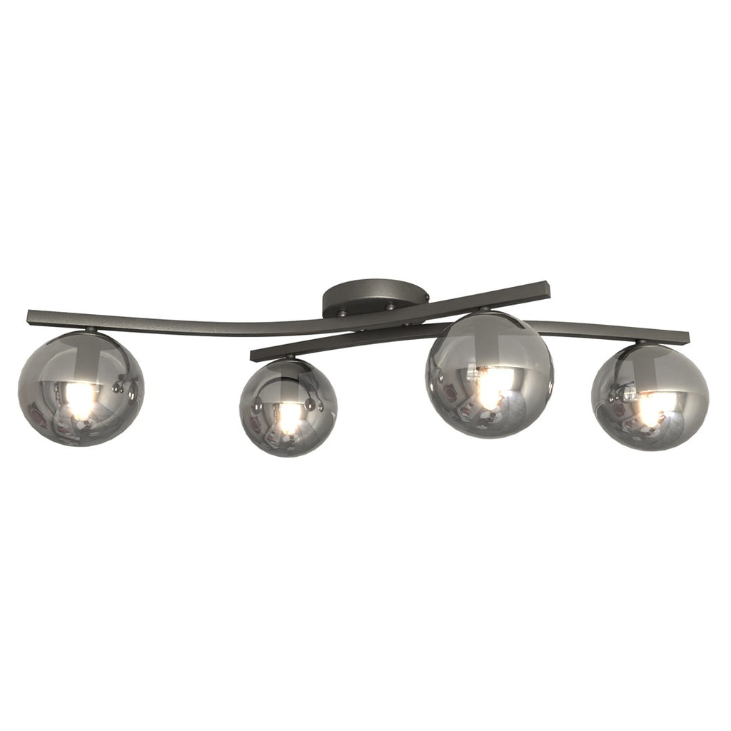 Plafondlamp gepoedercoat staal en glas Opus, zwart met grafiet glazen kappen, 4 lichts, 60 cm breed, woonkamer en slaapkamer
