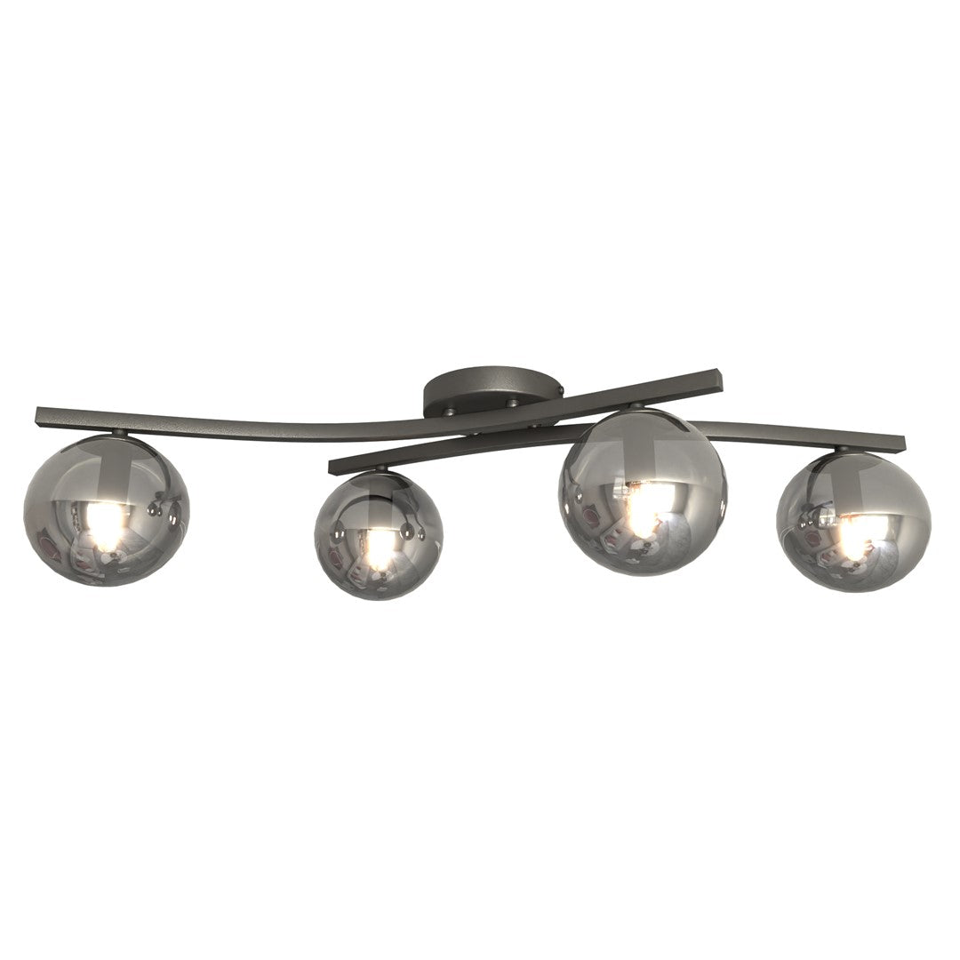 Plafondlamp gepoedercoat staal en glas Opus, zwart met grafiet glazen kappen, 4 lichts, 60 cm breed, woonkamer en slaapkamer