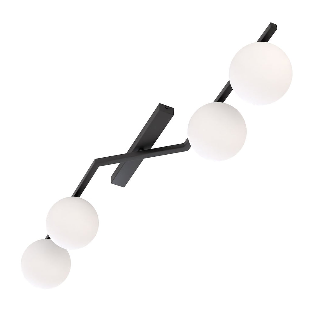 Plafondlamp gepoedercoat staal Naton modern zwart met 4 matte witte bolkappen, 100 x 32 x 20 cm, woonkamer, eetkamer en hal
