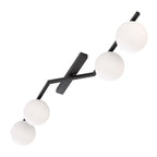 Plafondlamp gepoedercoat staal Naton modern zwart met 4 matte witte bolkappen, 100 x 32 x 20 cm, woonkamer, eetkamer en hal