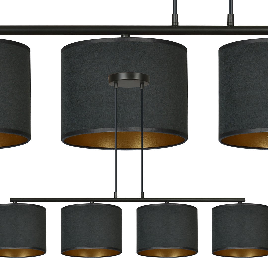 Hanglamp gepoedercoat staal en stof Hilde zwart met gouden binnenkant, 4 kappen Ø 20 cm, eettafel