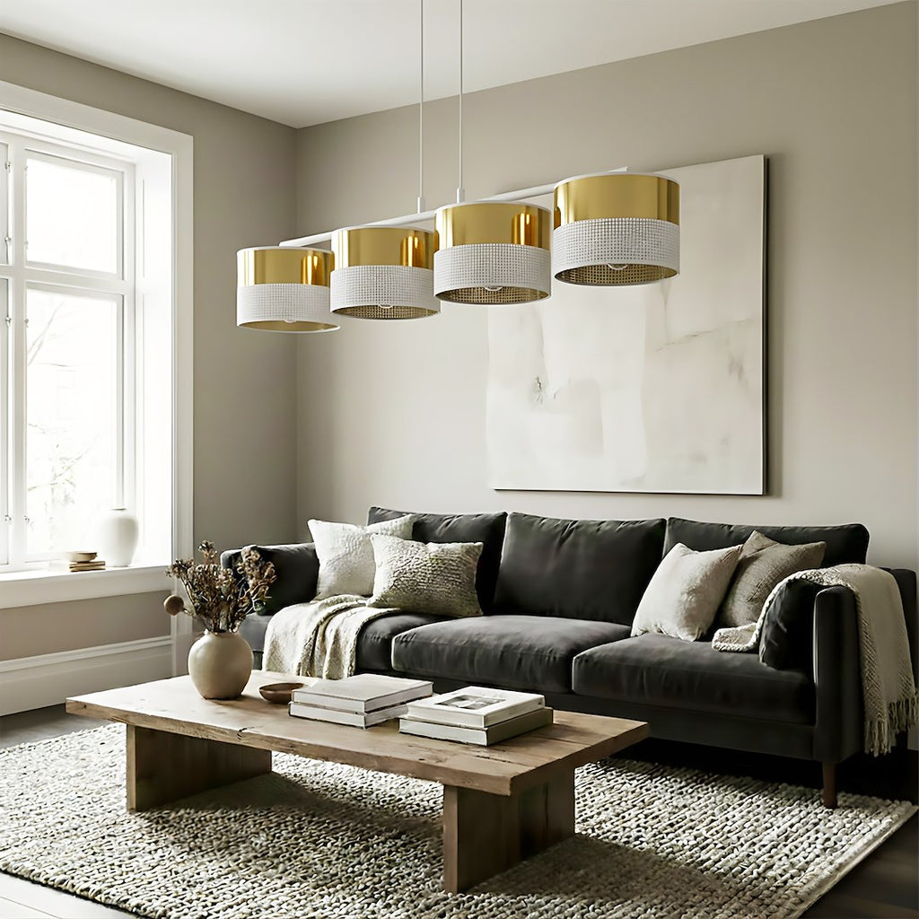 Hanglamp gepoedercoat staal Lux modern wit en goud, 4 fittingen E27, breedte 96 cm, voor eettafel of kookeiland