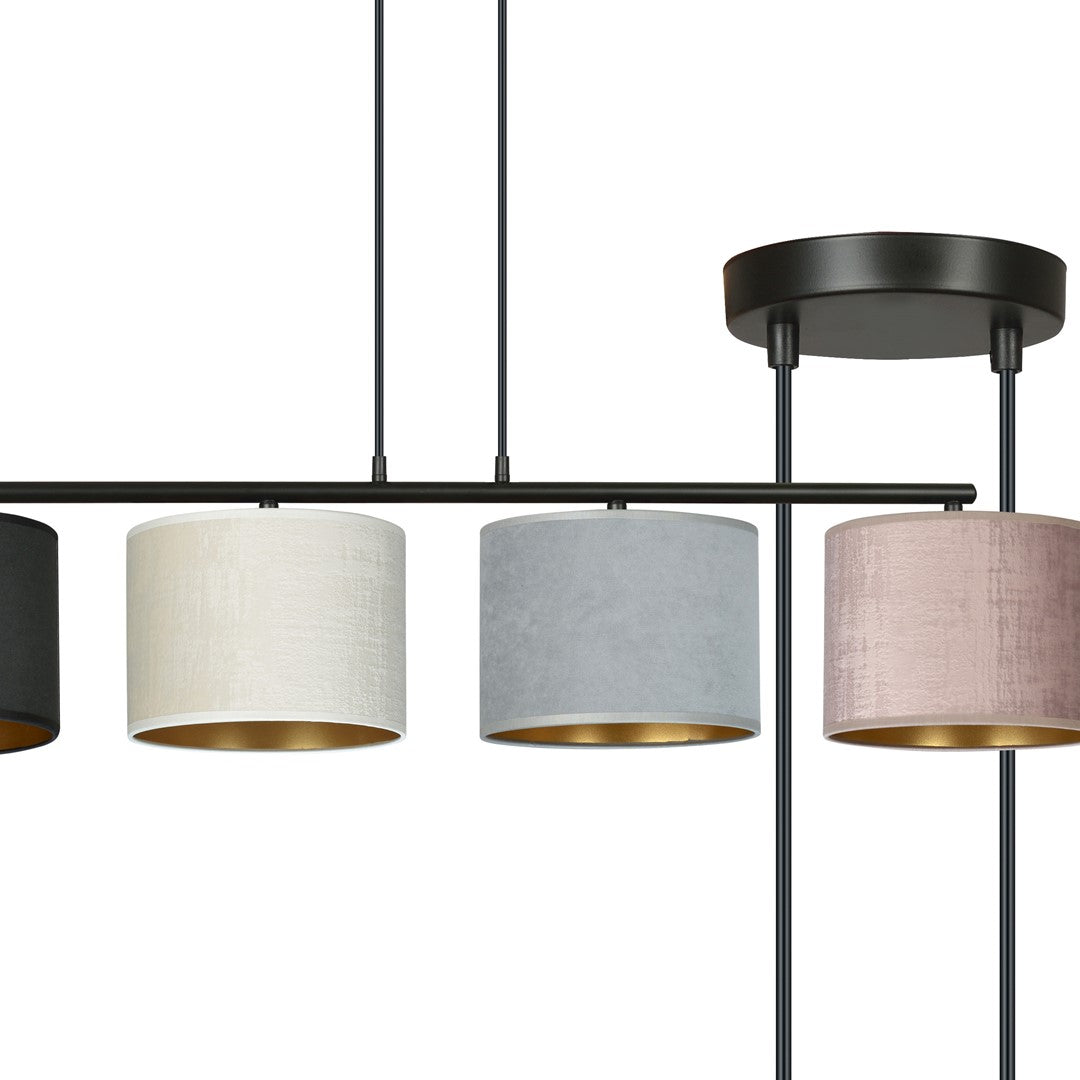 Hanglamp gepoedercoat staal met stoffen kappen Hilde, zwart, grijs, roze, 4 lichts, 97 x 100 cm
