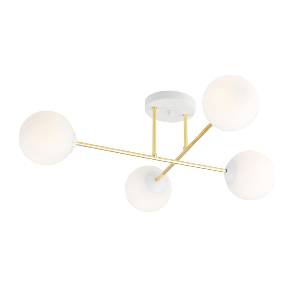 Plafondlamp gepoedercoat staal en glas Magnum, goud en wit, 4 lampen E14, 55 cm breed, woonkamer en eetkamer