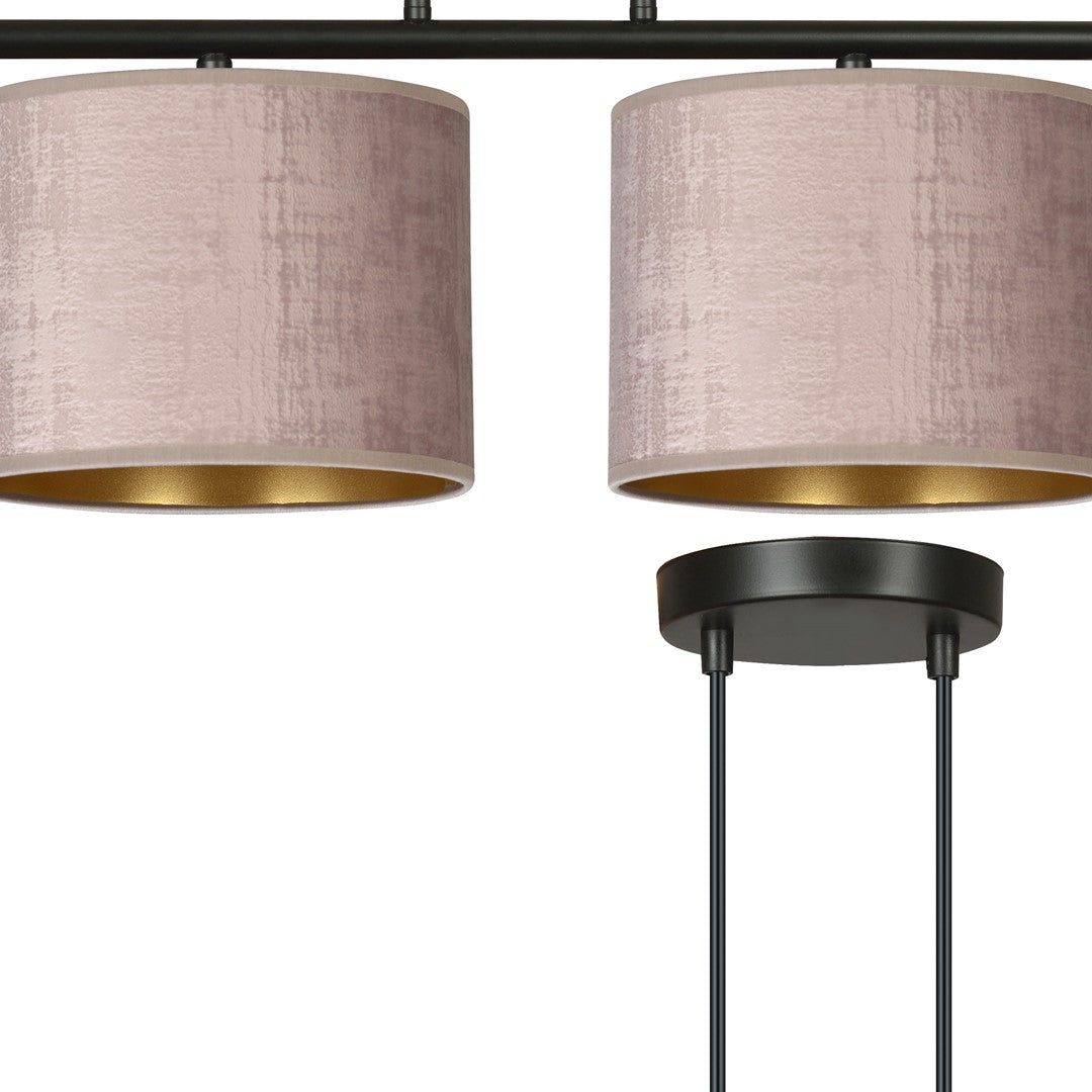 Hanglamp gepoedercoat staal en stof, Hilde minimalistisch, roze kappen met zwart frame, 4 lichts, Ø 20 cm kappen