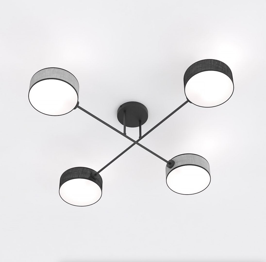 Plafondlamp gepoedercoat staal Japandi zwart en grijs, 4 lichtpunten 96 x 96 cm, voor woonkamer en slaapkamer