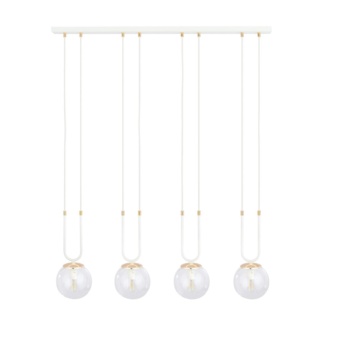Hanglamp 4 lichts gepoedercoat staal en glas, retro Glam, wit met transparante kappen, 92 x 115 cm