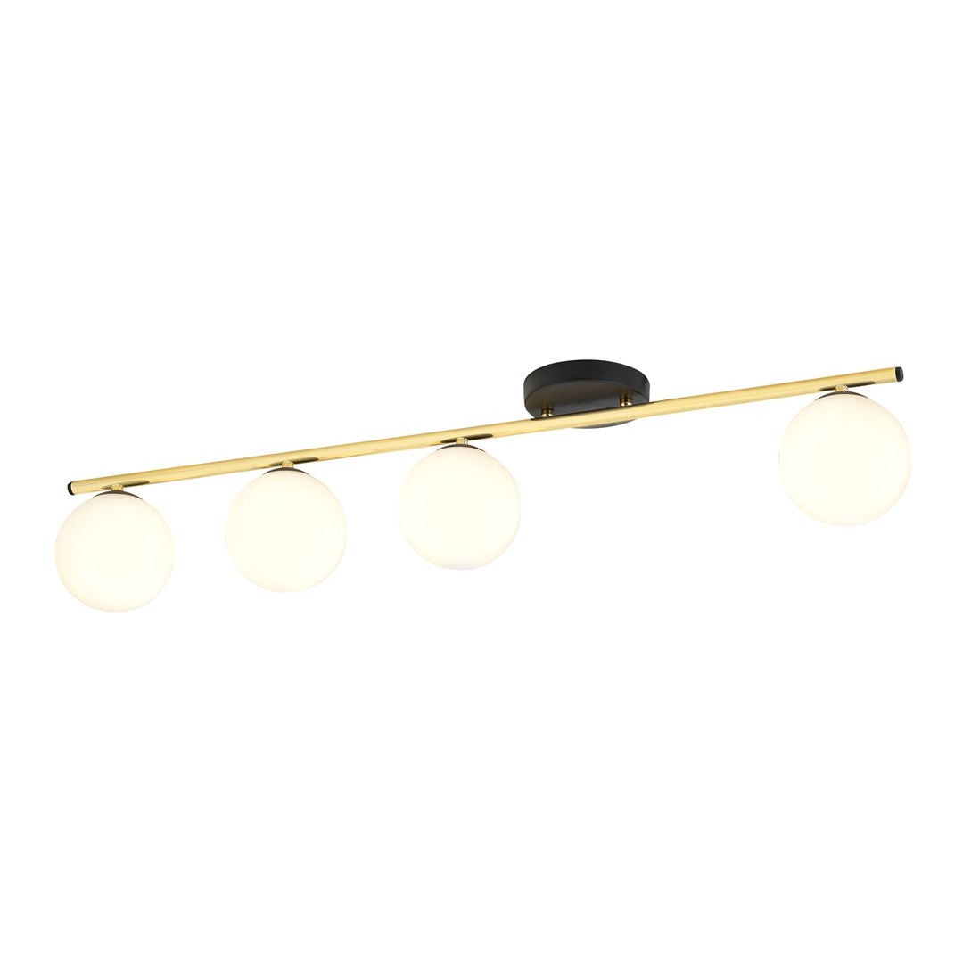Plafondlamp gepoedercoat staal en glas Monza 4 lichts, zwart en goud met witte kappen, 100 cm