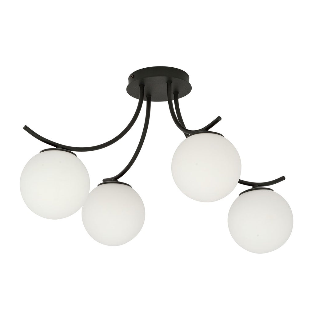 Plafondlamp gepoedercoat staal en glas Boston zwart, witte glazen kappen, 70 x 37 cm, 4 lichts E14