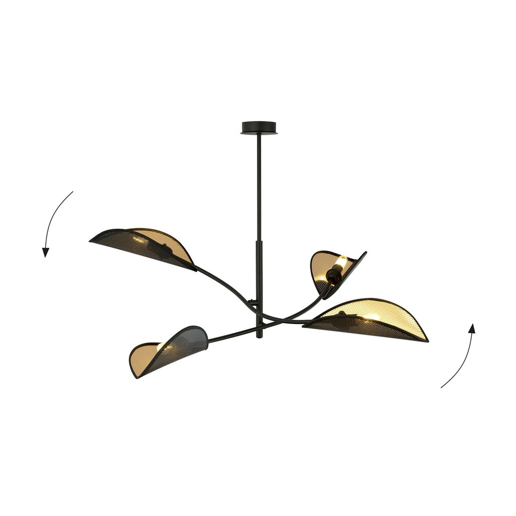 Plafondlamp gepoedercoat staal modern Lotus zwart goud, 4 lichtpunten, 102 x 51 cm, woonkamer en slaapkamer